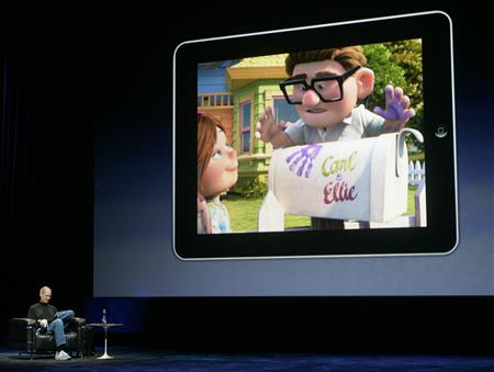 Apple CEO Jobs shows movie on the new iPad during launch in San Francisco