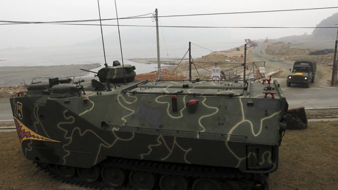 A South Korean marine corps' amphibious vehicle is seen deployed on Baegnyeong island near the western maritime border between the two Koreas