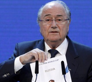 FIFA President Sepp Blatter announces Russia as the host nation for the FIFA World Cup 2018 in Zurich