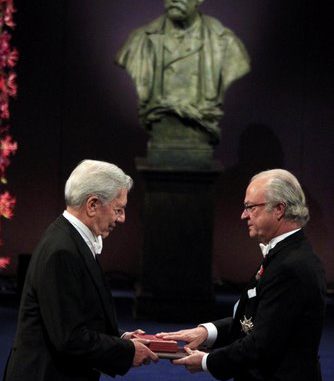 Llosa of Peru receives the 2010 Nobel Prize in Literature from Swedish King Carl XVI Gustaf at the Concert Hall in Stockholm