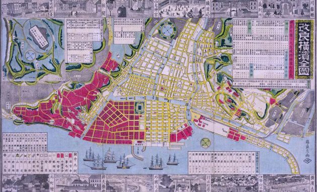 En rojo los asentamiento comerciales y residencial de extranjeros en Yokohama