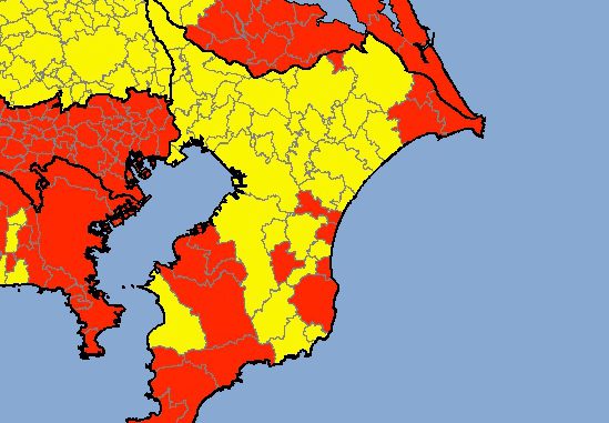 Mapa de advertencia en Chiba 21.25 horas domingo