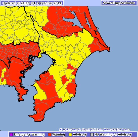 Mapa de advertencia de lluvias en Chiba a las 21.25 horas de hoy domingo.