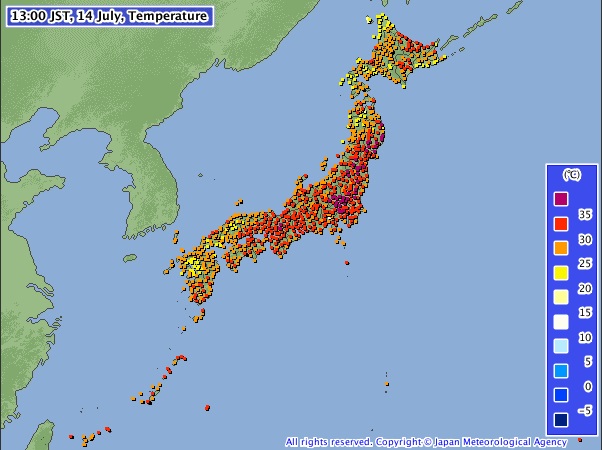 Mapa del calor en Japón hasta las 14.00 horas de hoy martes.