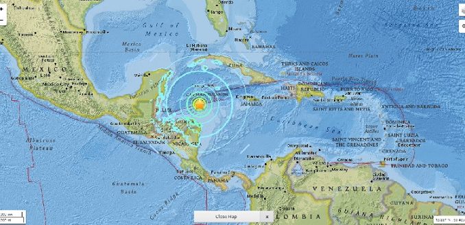 El mapa muestra el epicentro del terremoto frente a Honduras.