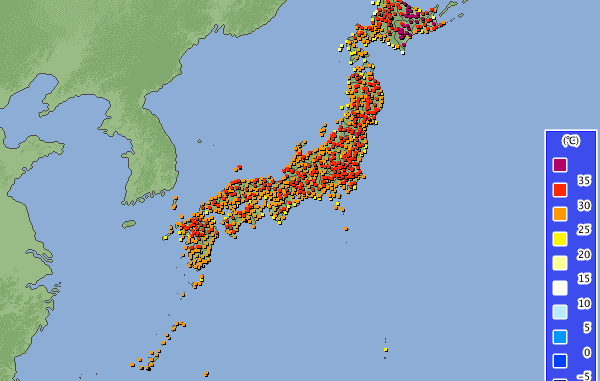Mapa del calor en Japón a lasa14 horas