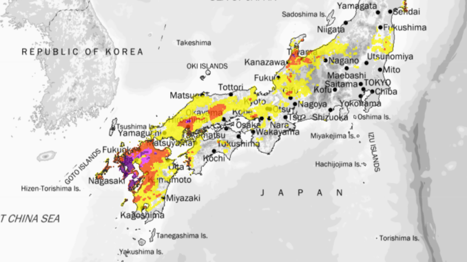 Mapa de las 16.10 horas. Máximo riesgo por lluvias en Kyushu