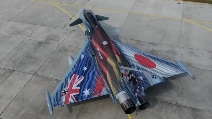 Uno de los aviones alemanes Eurofigter con las banderas de su destino pintadas en sus alas. (Bundeswehr)