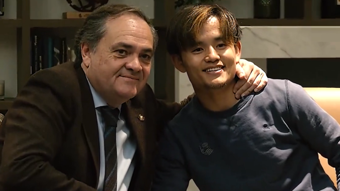 El presidente de la Real Sociedad, Jokin Aperribay, y Take Kubo