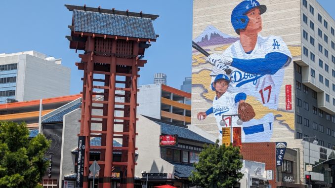 Shohei Ohtani pintado en una pared del Hotel Miyako en Los Ángeles por el artista Robert Vargas (Foto - Noah Sauve)