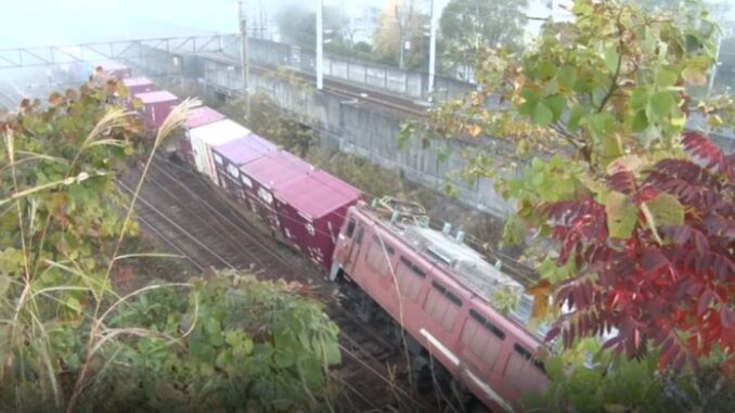 El tren de carga de JR Freight descarrilado en la estación de Sendai, Kagoshima.