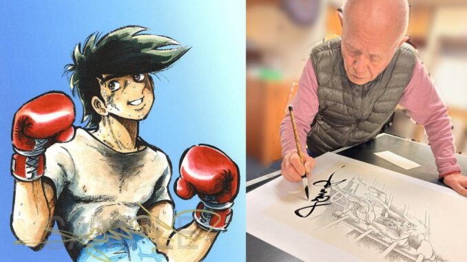 Chiba Tetsuya colocando su firma con pincel Ashita no Joe
