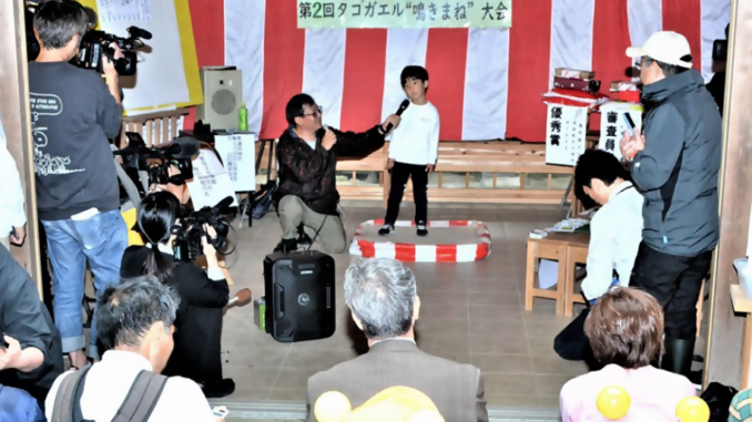 Escena del concurso de imitación del canto de la rana en Tottori (Imagen Zen nihon tagogaeru naki mane taika)