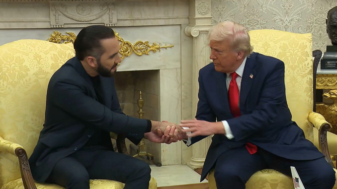Trump estrecha la mano de Bukele en la Casa Blanca y agradece su ayuda