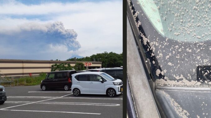 Erupción del Sakurajima a la izquierda y ceniza acumulada en un vehículo a la derecha. (X gegenteilist, Hiroo_Shimmura)